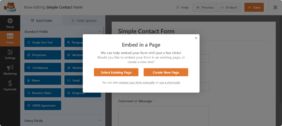form embedding option of wpforms