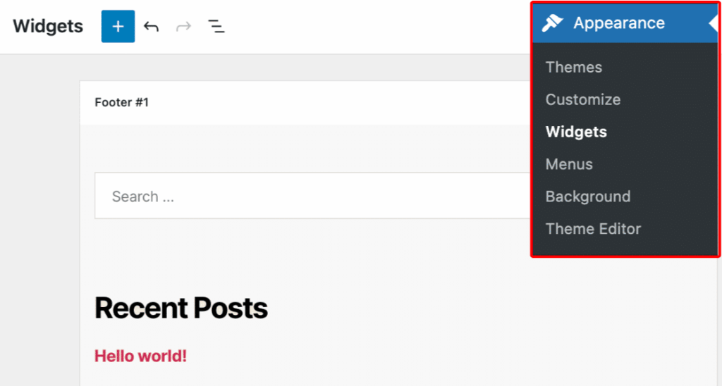Accessing the Widgets editor screen