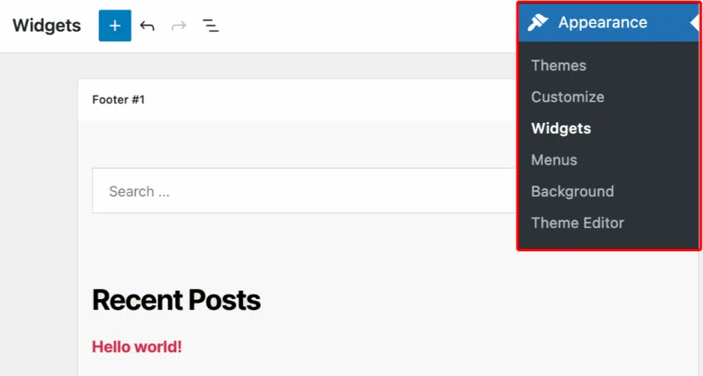 Accessing the Widgets editor screen