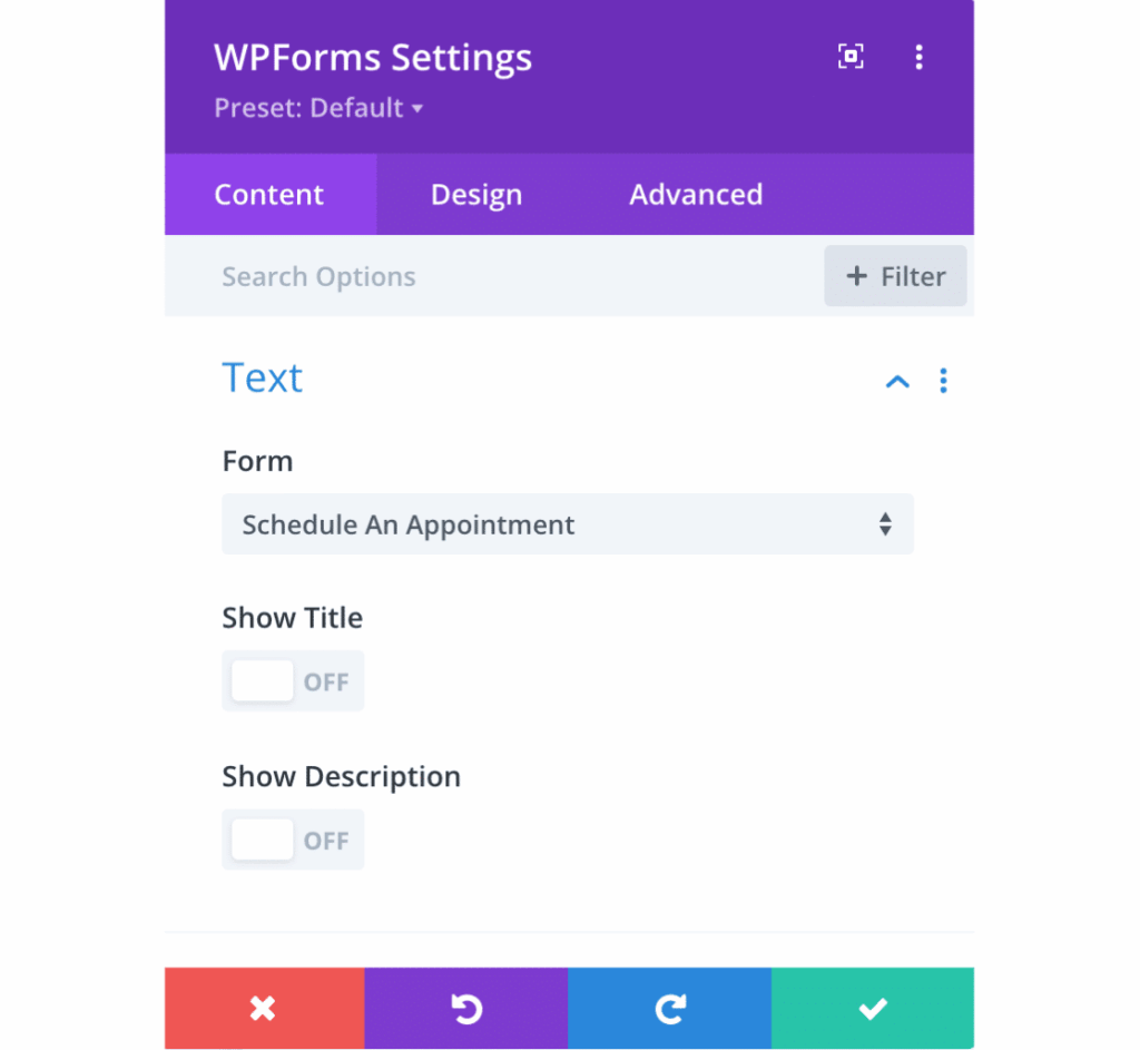 WPForms settings in Divi