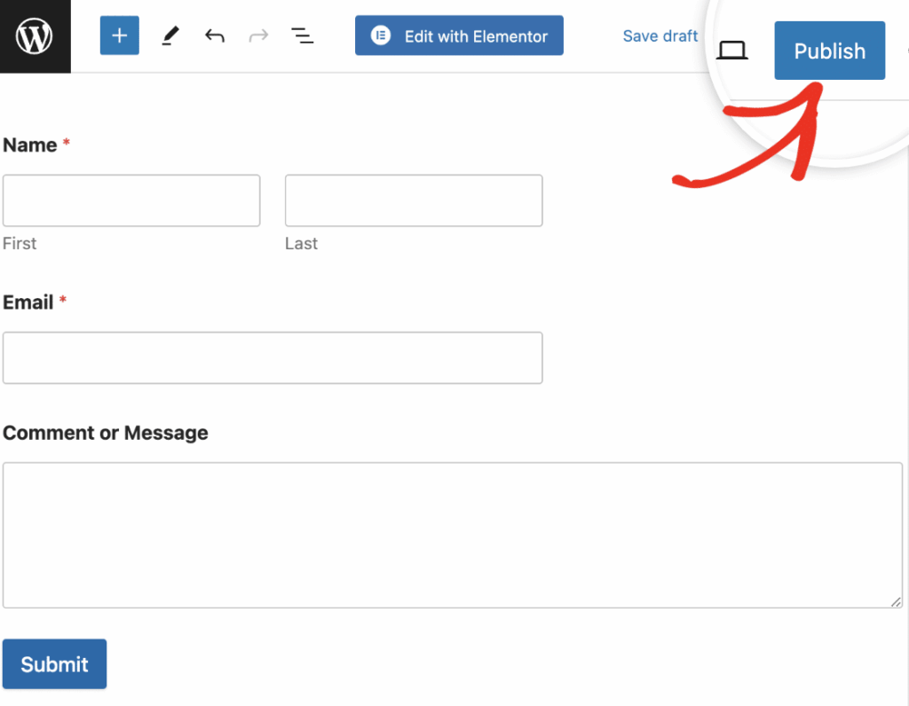 Publish page with WPForms embedded