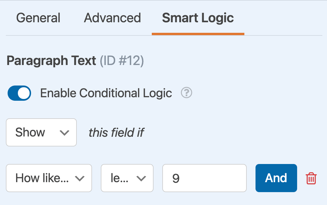 Setting up a conditional logic rule to show a Paragraph Text field based on the user's NPS rating