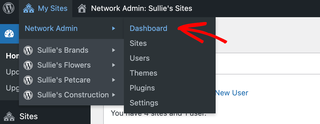 Opening the multisite Network Admin dashboard