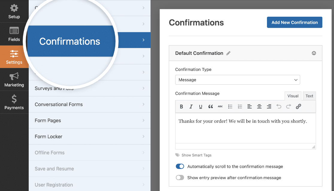 The confirmations settings in the form builder