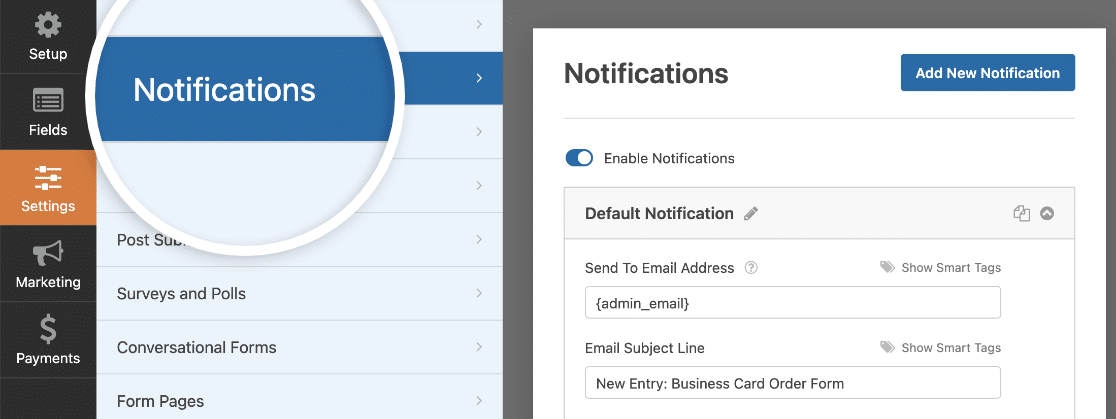 The notifications settings in the form builder