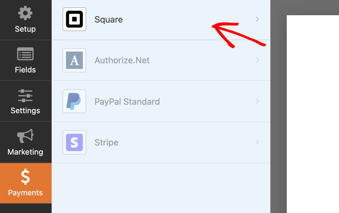 Accessing the Square Payments settings for a form