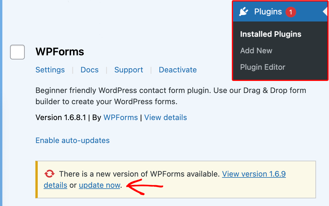 Updating WPForms from the WordPress admin Plugins screen