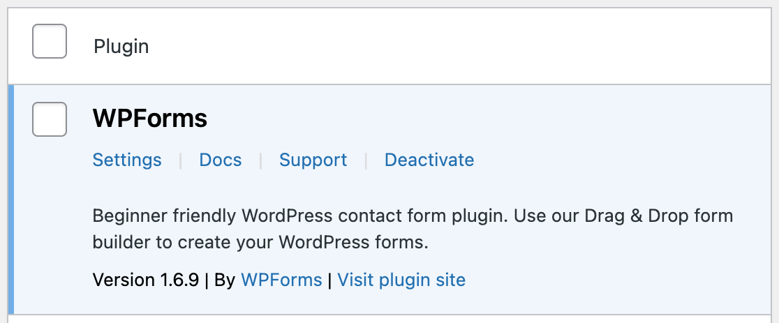 WPForms in a subsite Plugins screen