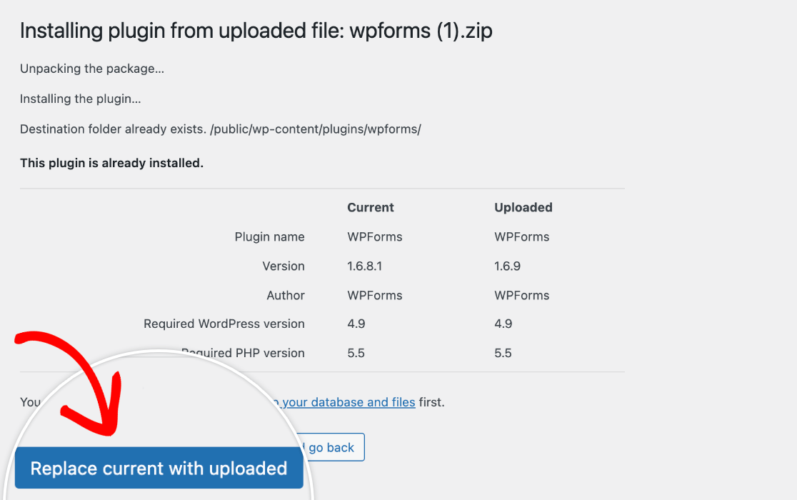 Manually updating WPForms and replacing the old version of the plugin with the new upload