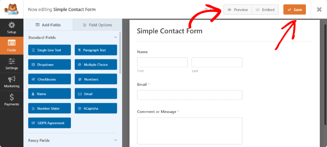 save and live preview option of wpforms