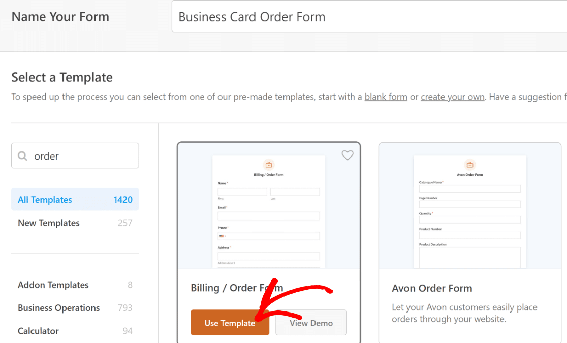 Selecting the order form template