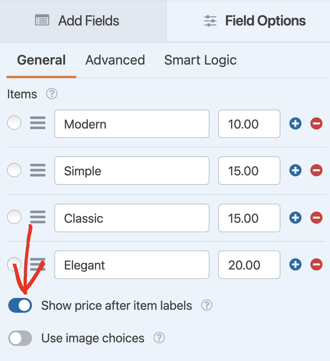 Showing prices after Business Card Order Form items