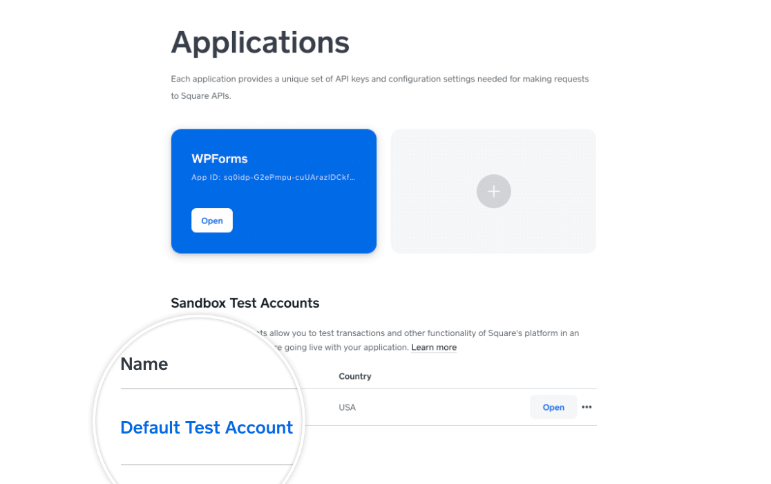 The Square Developer dashboard and Default Test Account