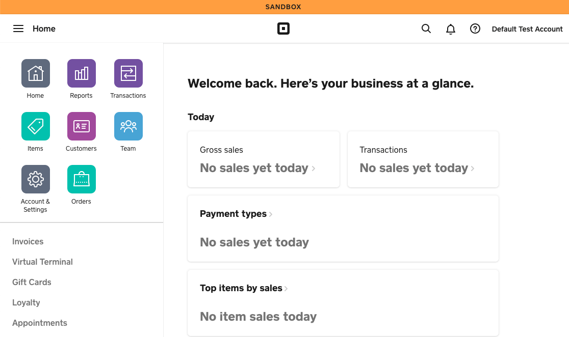 A Square Developer Sandbox Seller dashboard