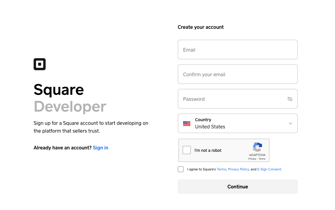 Signing up for a Square Developer account