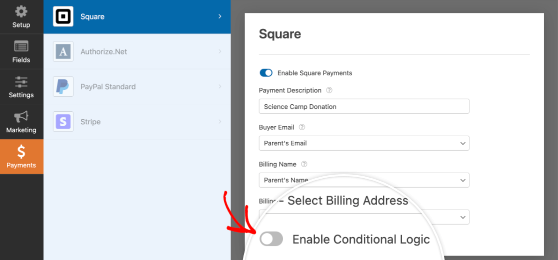 Enabling conditional logic for Square payments in a form