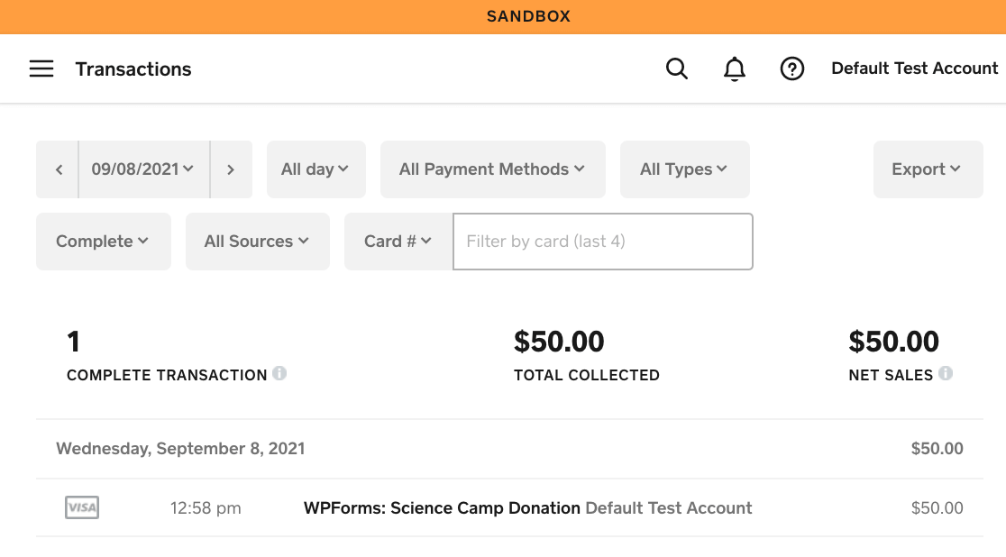 A test transaction in a Square sandbox dashboard