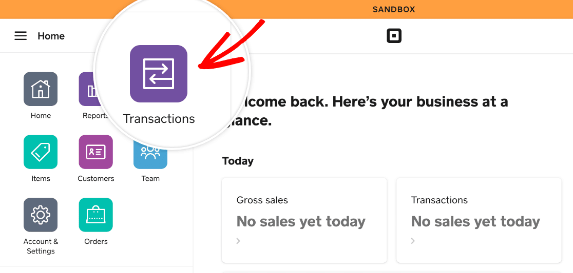 Opening the Transactions screen in a Square sandbox dashboard