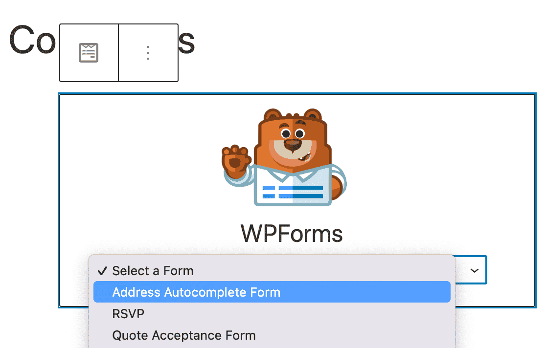 Selecting your Address Autocomplete form from the WPForms block