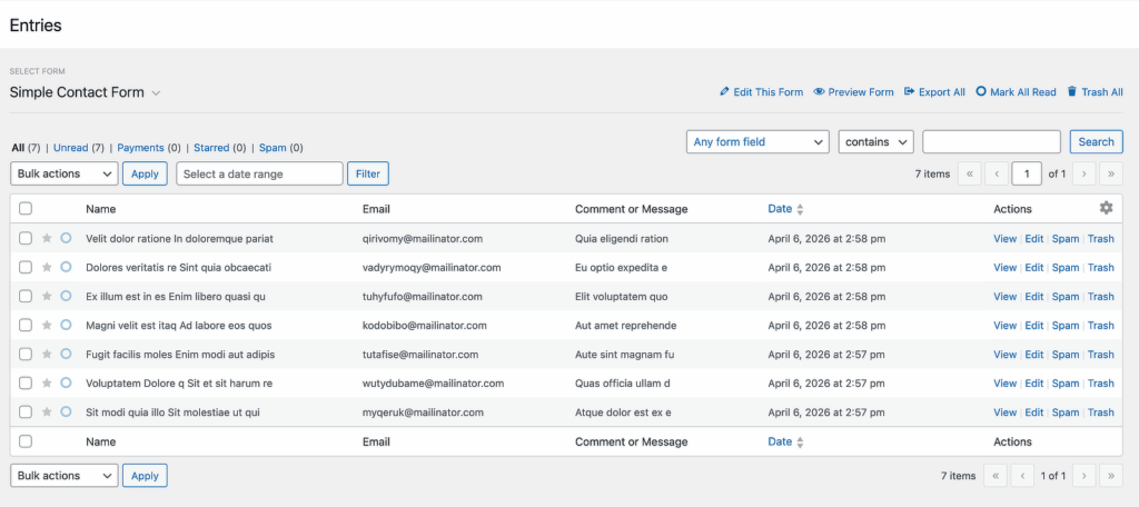 Vista previa de las entradas de WPForms