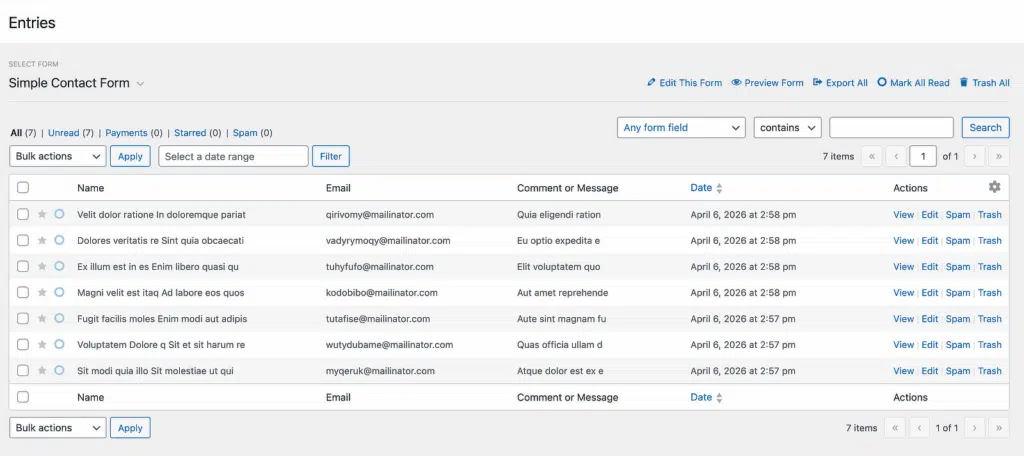 wpforms entries preview