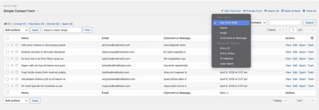 wpforms entries search option