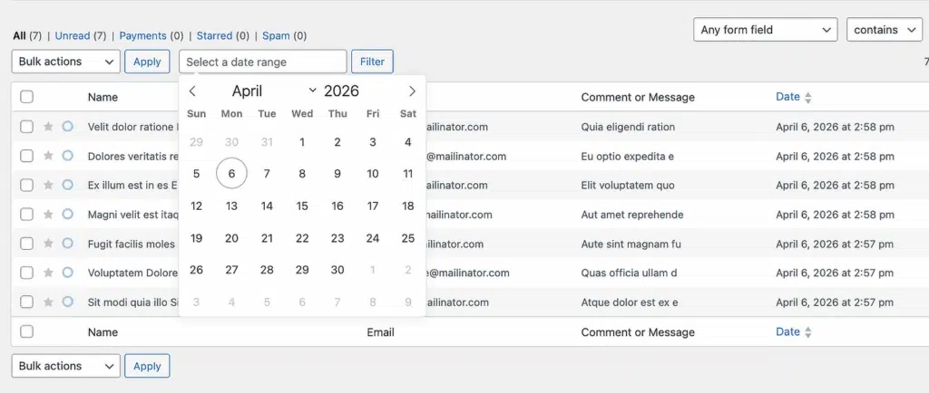 wpforms filter entries by date