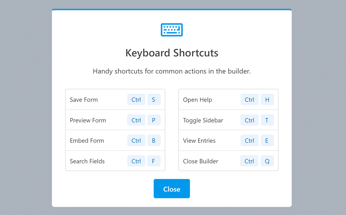 The WPForms keyboard shortcuts in the form builder
