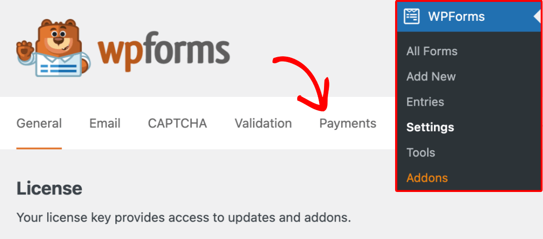 Accessing the Payments settings for WPForms