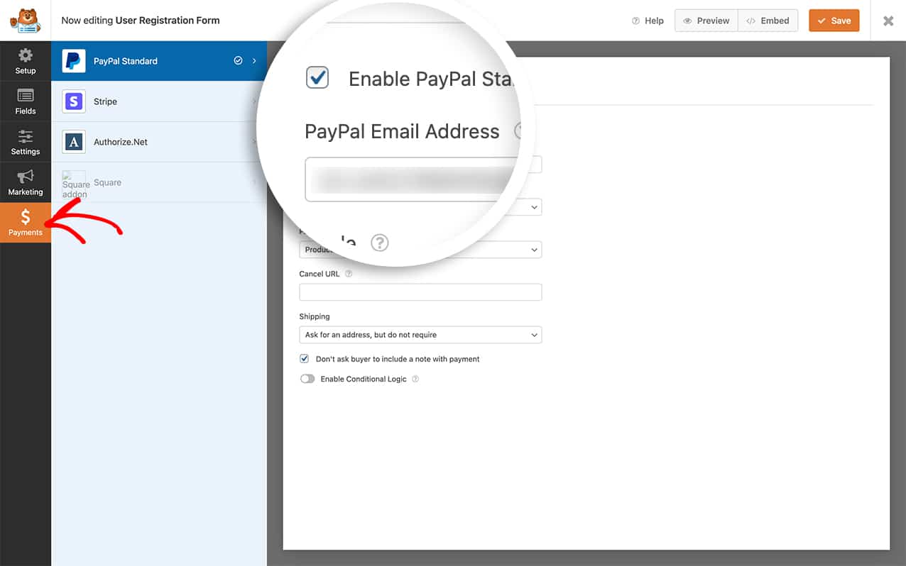 enable PayPal on your form