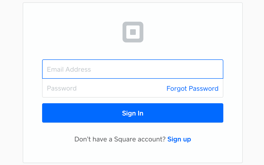 Logging in to Square to connect your test account to WPForms