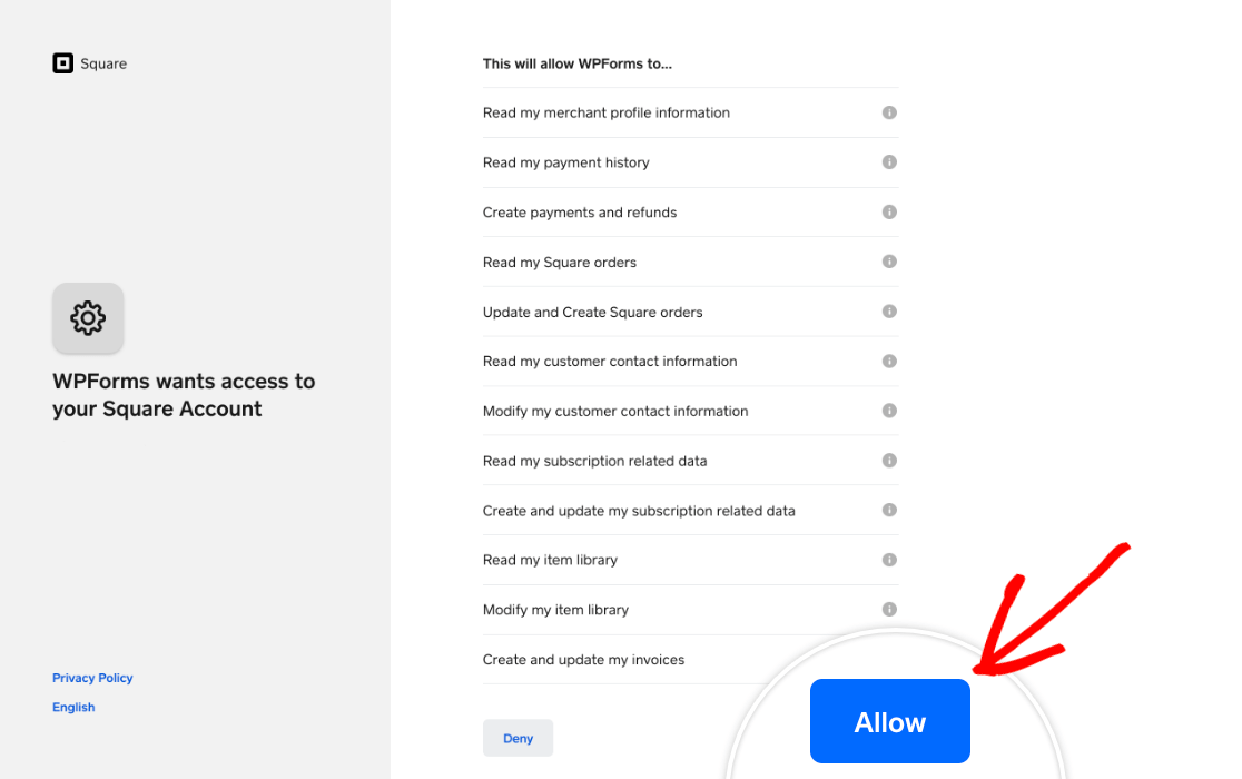 Allowing WPForms to access your Square account