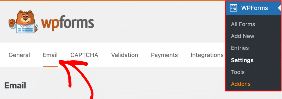 Email tab WPForms settings