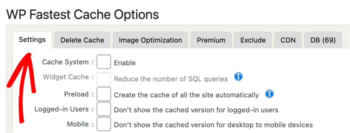 WP Fastest Cache settings tab