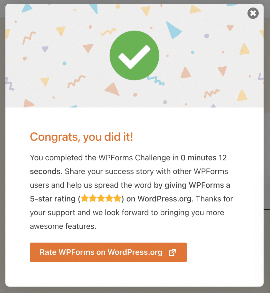 The success message for completing the WPForms Challenge
