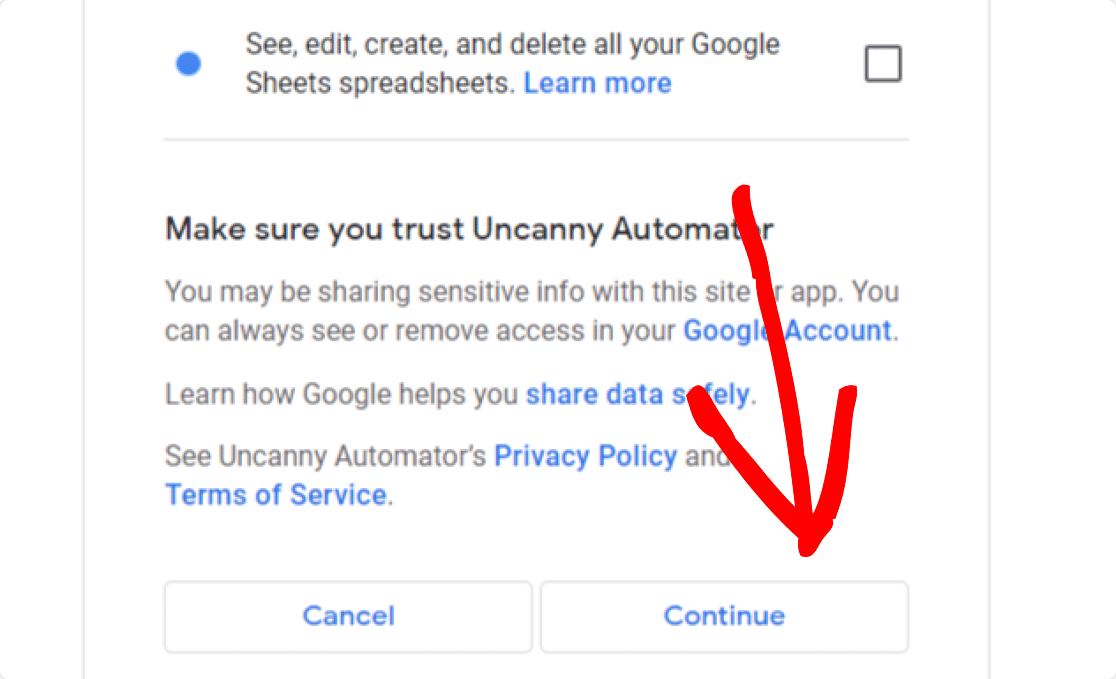 allow uncannny automator to access google sheets