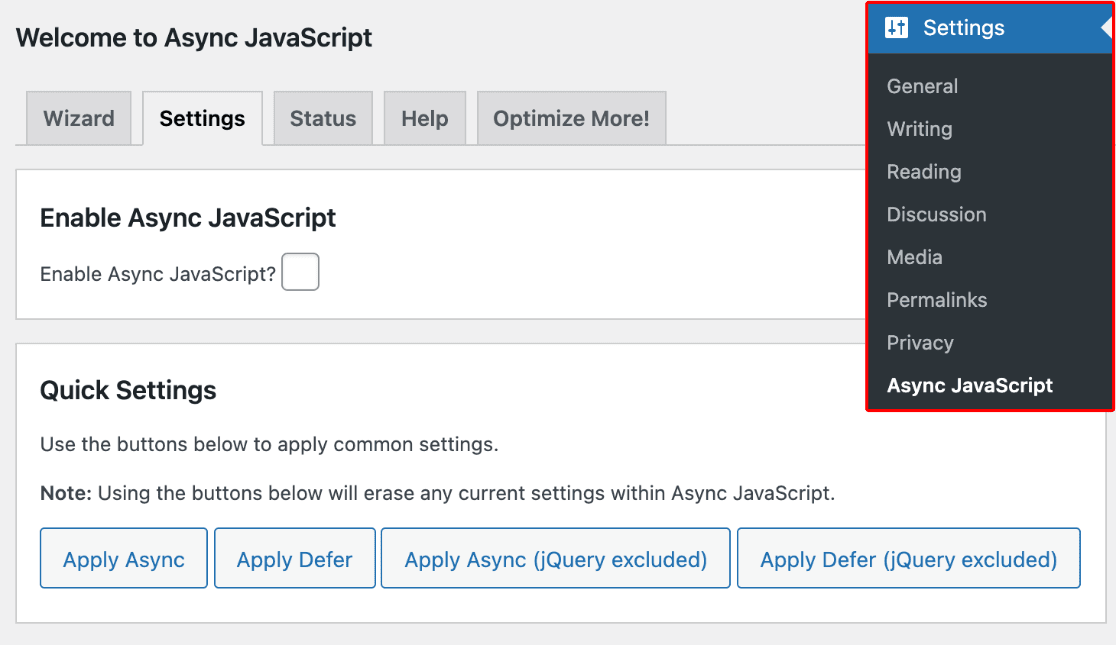 Async JavaScript Settings