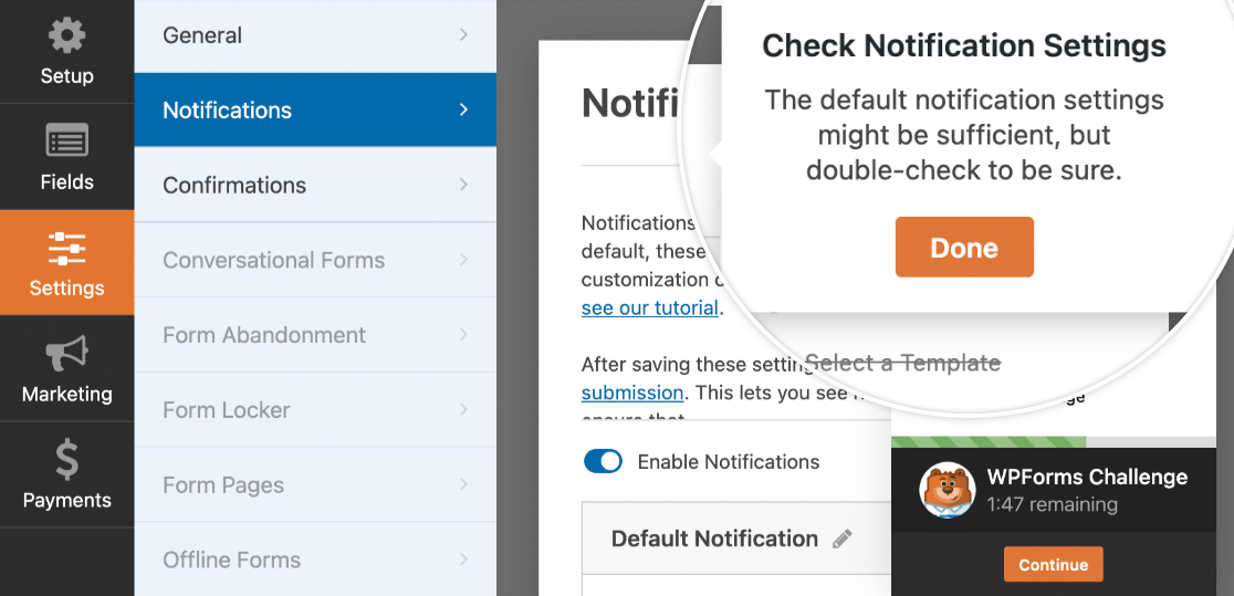 Checking notifications settings during the WPForms Challenge
