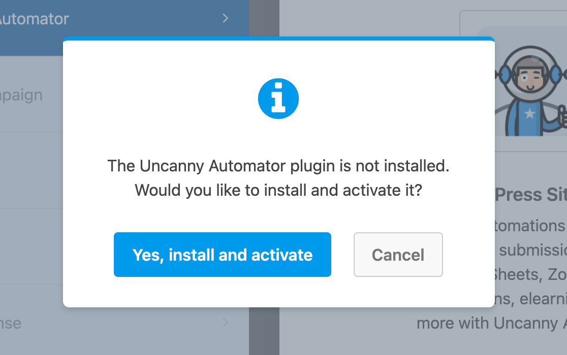 Confirming installation and activation of Uncanny Automator from the form builder