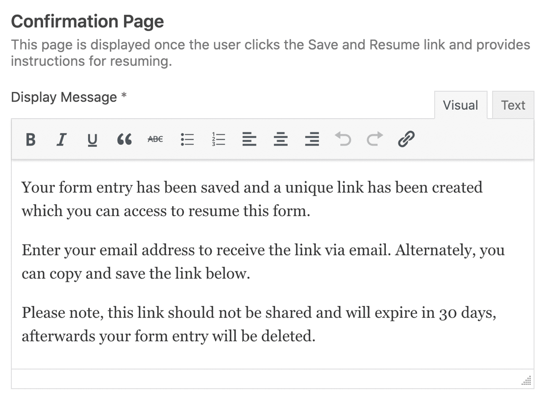 Save and Resume confirmation WPForms