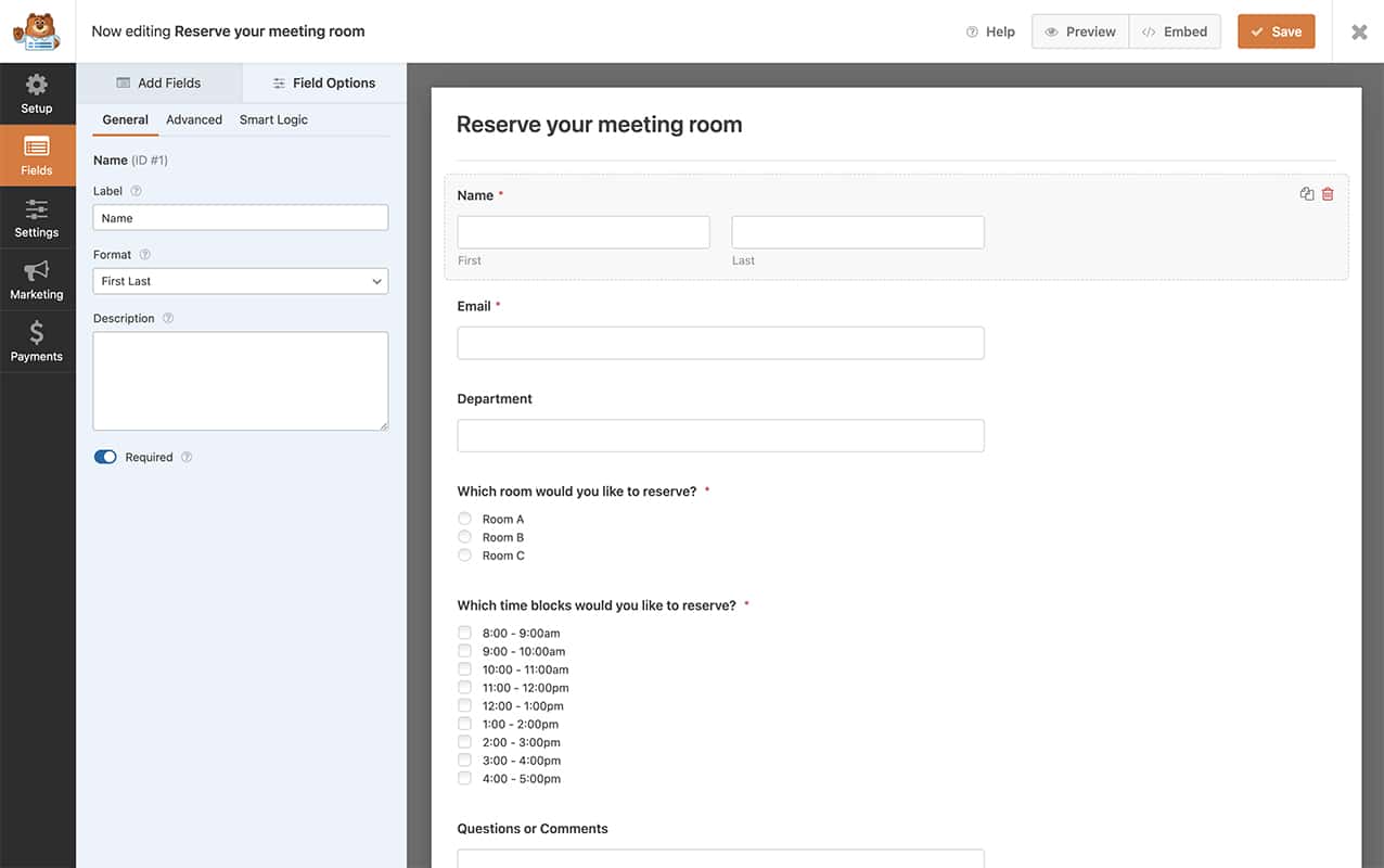 create your form and add all of your form fields including the name field