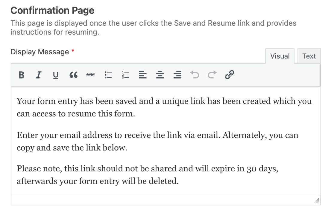 Customizing the save and resume confirmation page