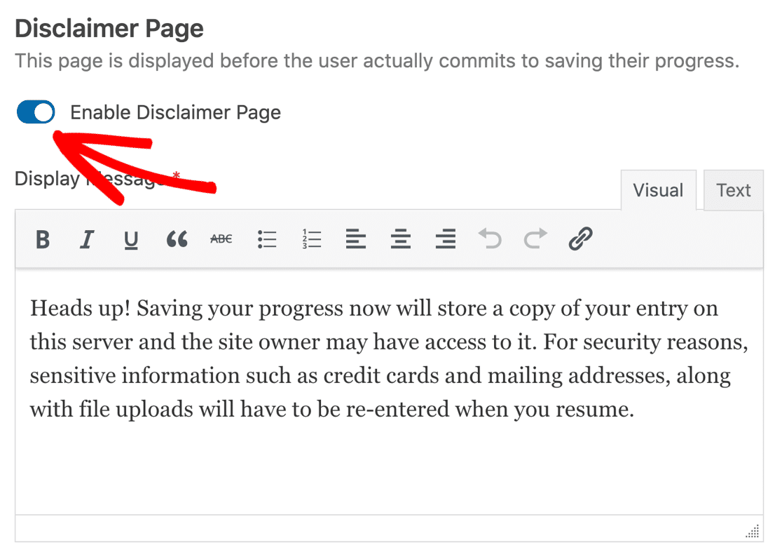 Disable Save and Resume disclaimer in WPForms