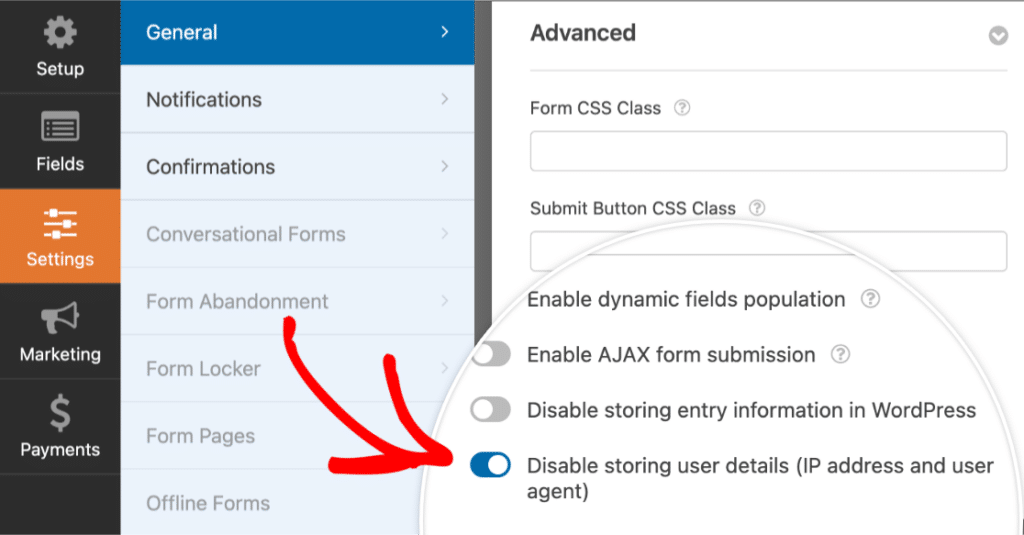 ユーザー情報の保存設定を無効にする
