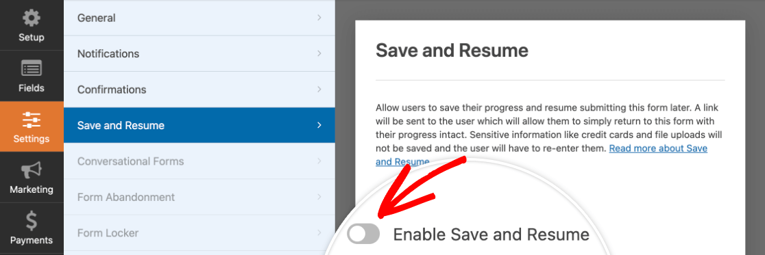 Enabling save and resume functionality for a form