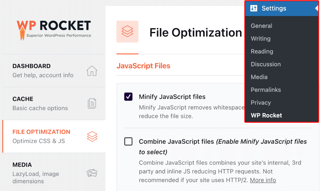 File optimization option WP Rocket