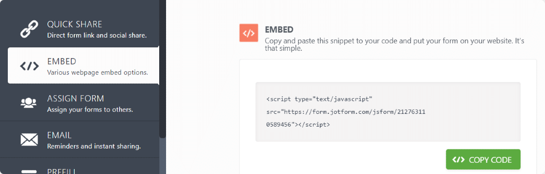 jotform embedding options