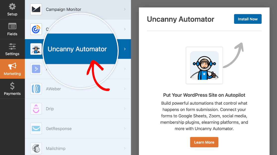 Accessing the Uncanny Automator settings in the form builder