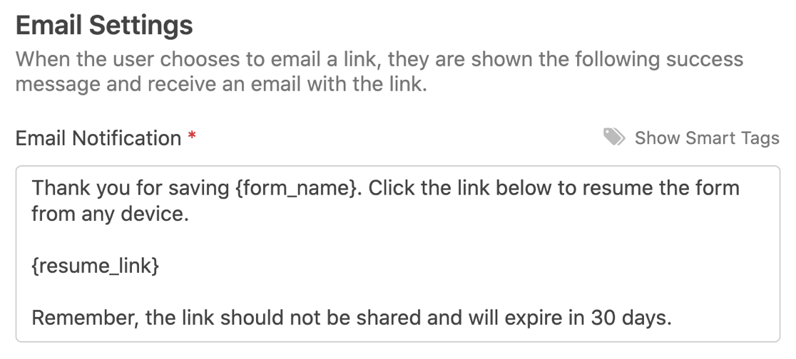 Save and Resume notification email