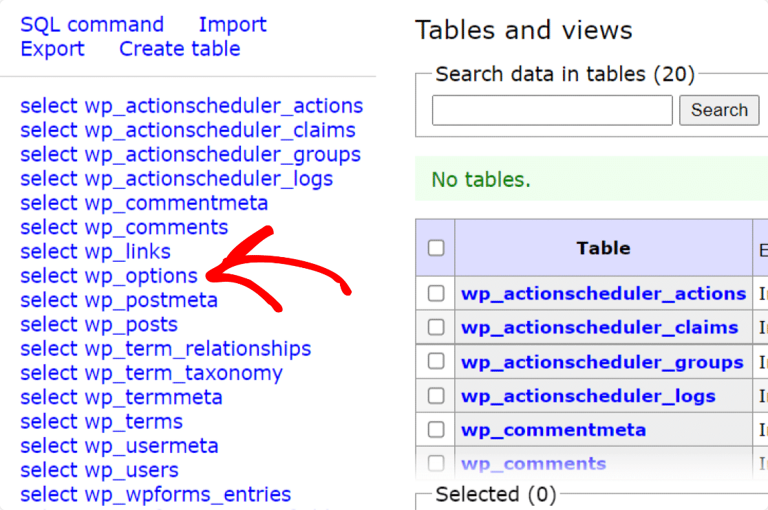 option table in cpanel